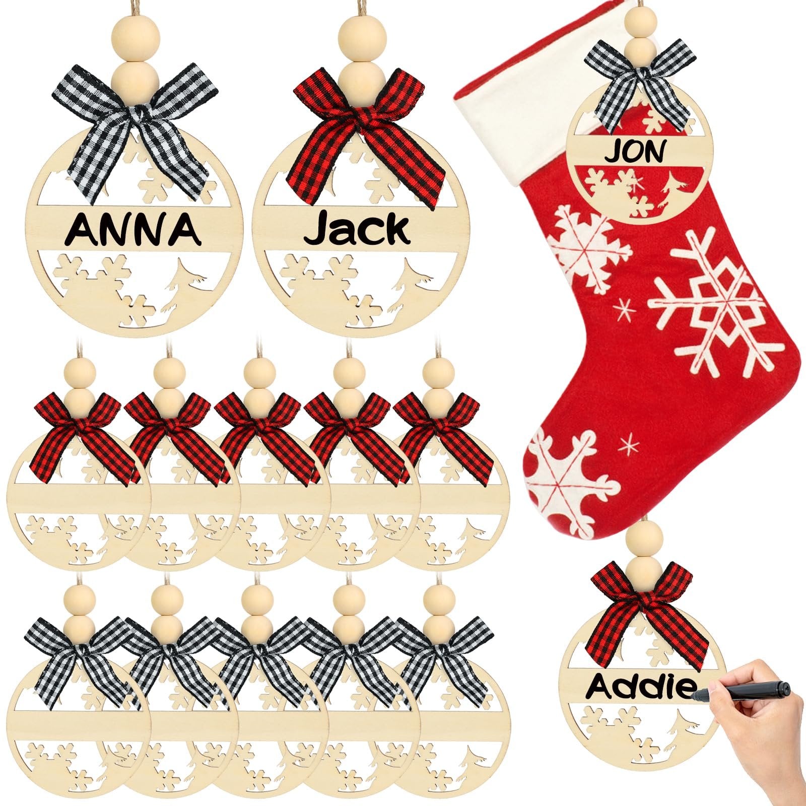 Christmas stocking name tags with plaid bows and beads, showing names like Anna, Jack, Jon, and Addie being written.