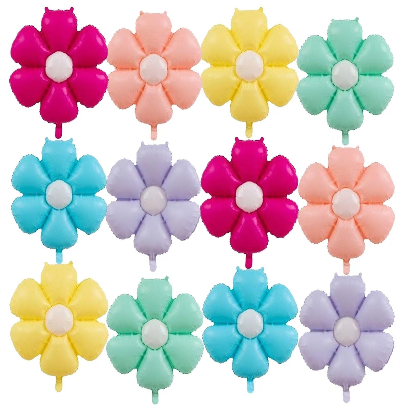 Twelve colorful foil daisy balloons arranged in four rows on a white background.