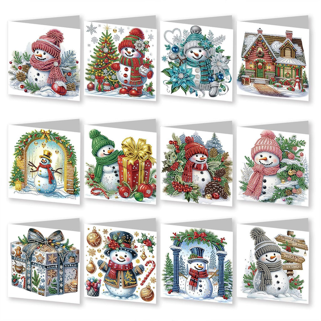 Collage of 12 diamond art painting Christmas greeting cards featuring snowmen, Christmas trees, and gifts.
