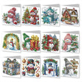 Collage of 12 diamond art painting Christmas greeting cards featuring snowmen, Christmas trees, and gifts.