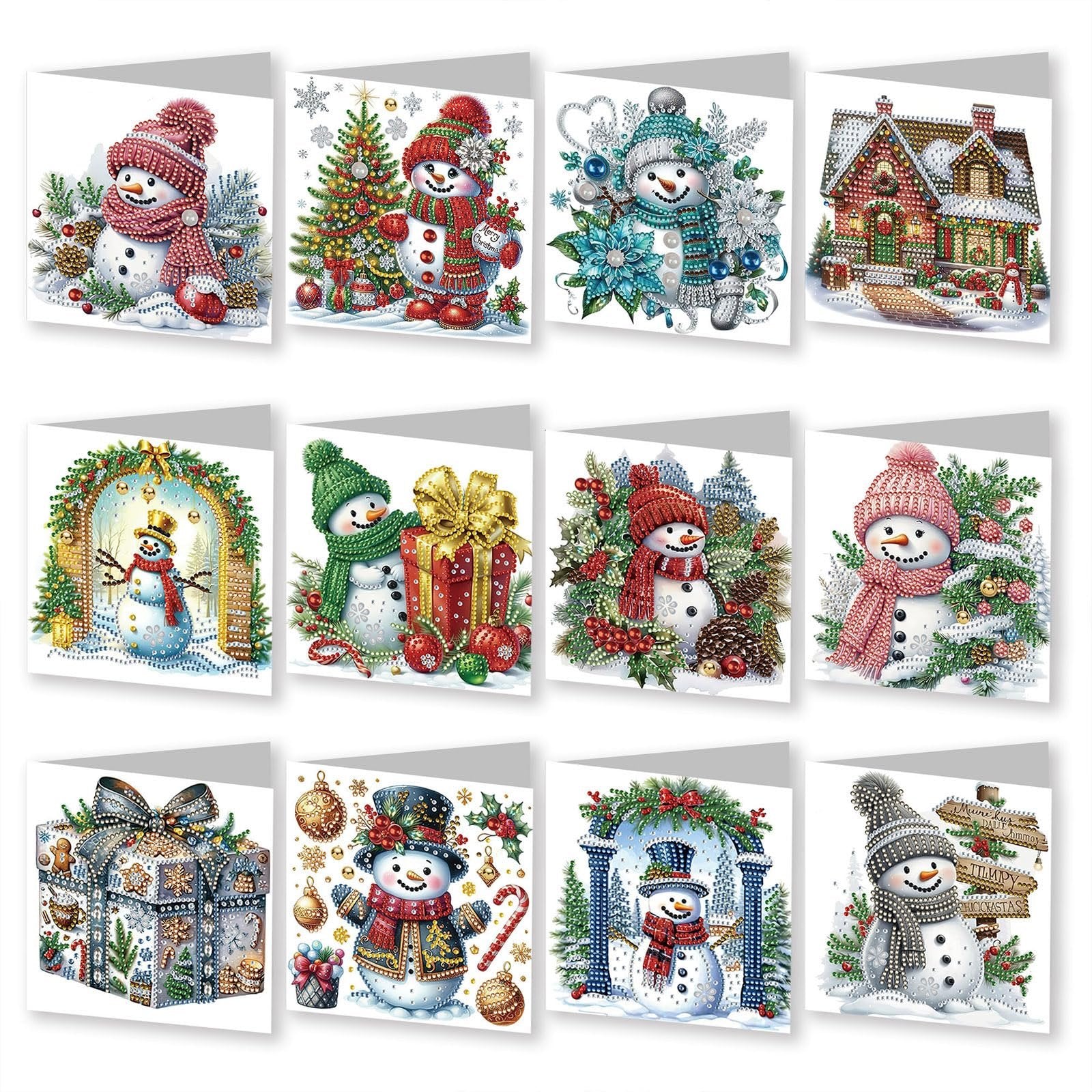 Collage of 12 diamond art painting Christmas greeting cards featuring snowmen, Christmas trees, and gifts.