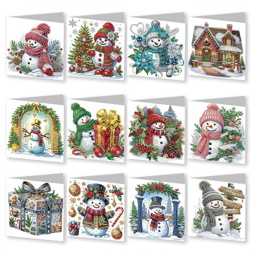 Collage of 12 diamond art painting Christmas greeting cards featuring snowmen, Christmas trees, and gifts.