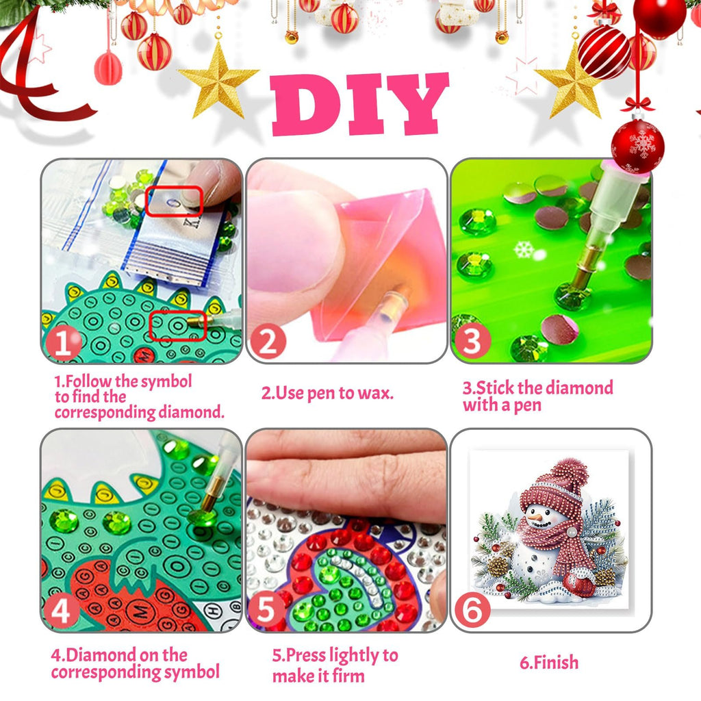Diamond painting Christmas card kit instructions showing steps 1-6, including finding diamonds, using a pen, sticking diamonds, and the finished snowman card.