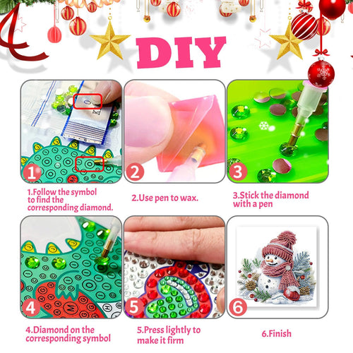 Diamond painting Christmas card kit instructions showing steps 1-6, including finding diamonds, using a pen, sticking diamonds, and the finished snowman card.