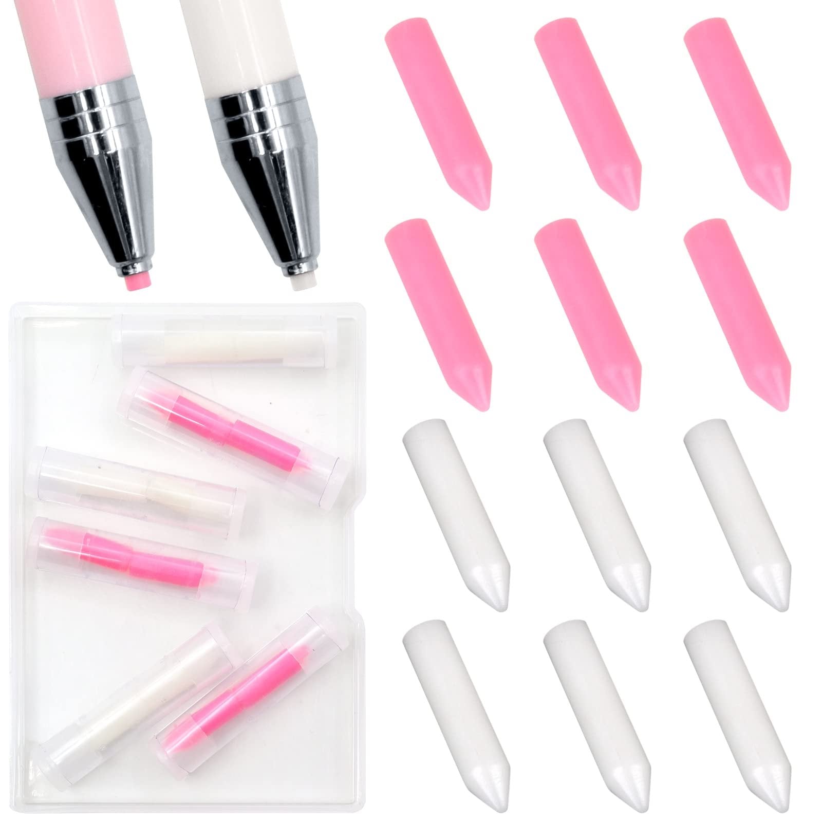 Diamond painting wax refills in pink and white, with two applicator pens and a storage box.