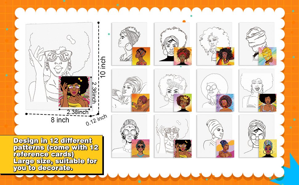 Set of 12 pre-drawn canvases for painting, featuring diverse women's portraits with reference cards, dimensions shown.