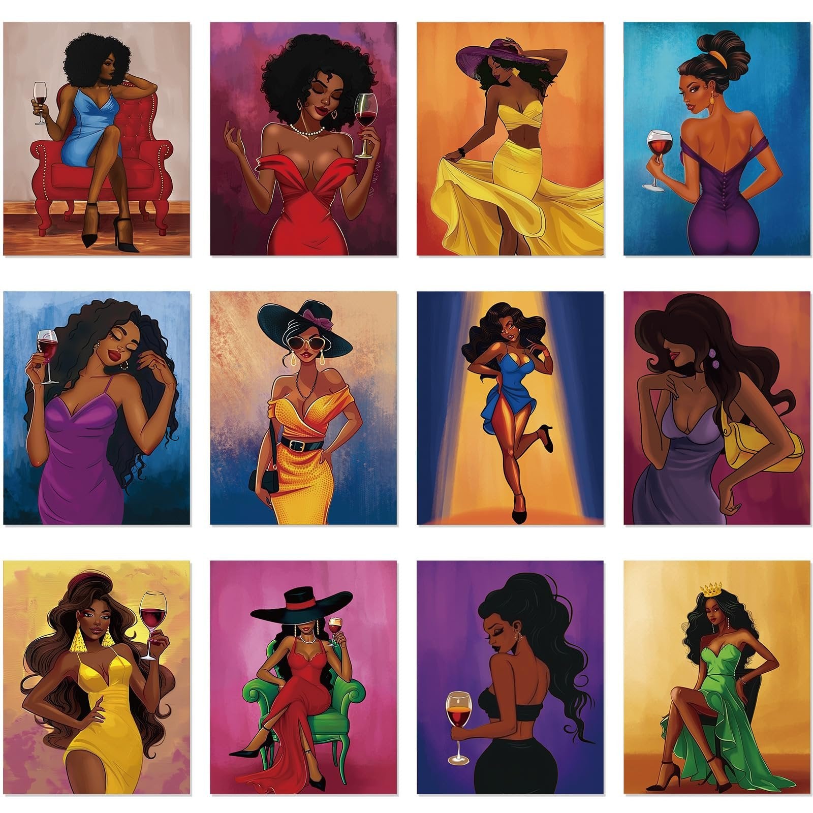 Collage of 12 pre-drawn canvases featuring stylish women holding wine glasses, dressed in elegant attire.