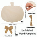 Unfinished wood pumpkin cutouts with burlap bows and jute rope, showing dimensions and quantity.