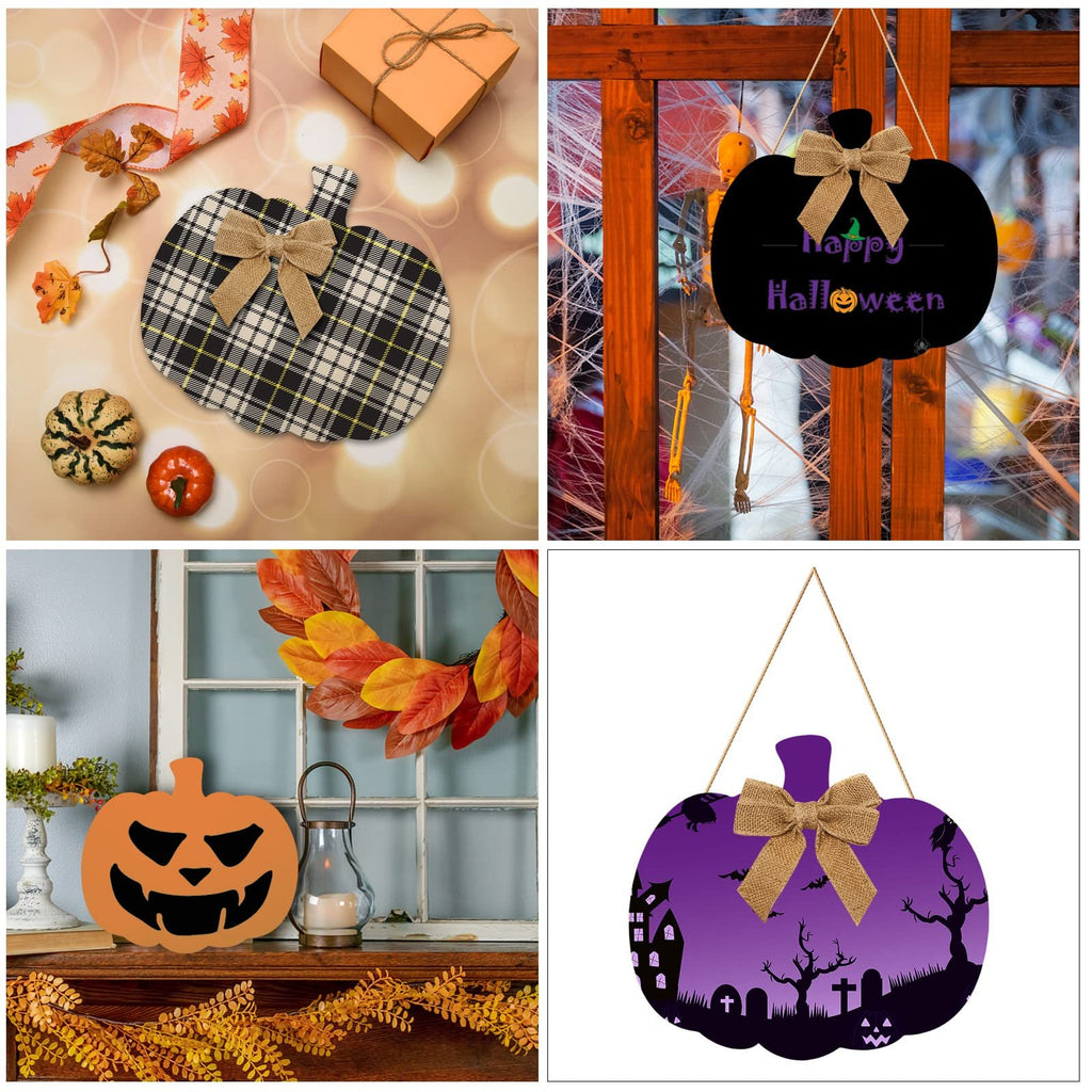 Collage of four Halloween-themed pumpkin decorations: plaid pumpkin with bow, black pumpkin sign, orange jack-o-lantern, and purple haunted scene pumpkin.