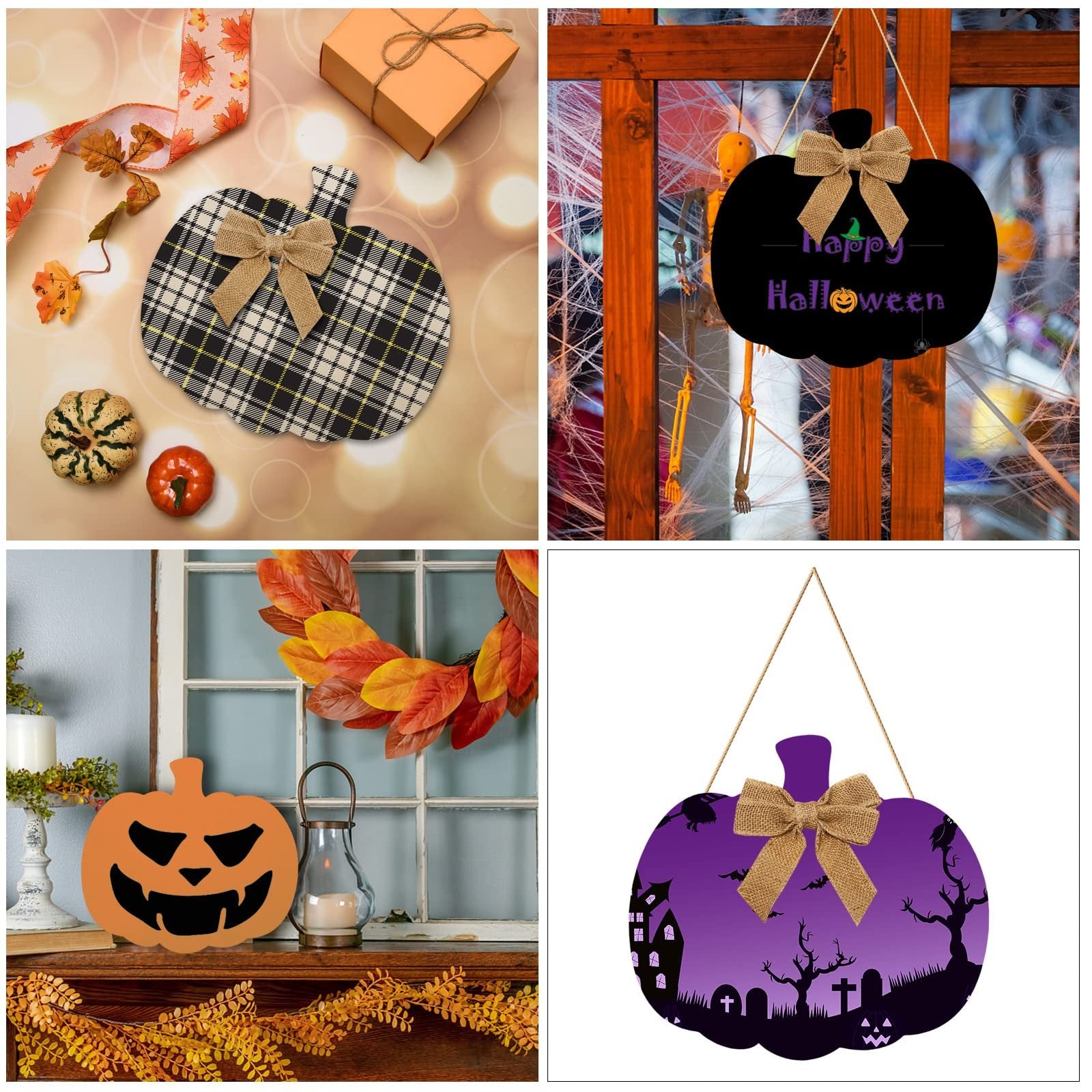 Collage of four Halloween-themed pumpkin decorations: plaid pumpkin with bow, black pumpkin sign, orange jack-o-lantern, and purple haunted scene pumpkin.