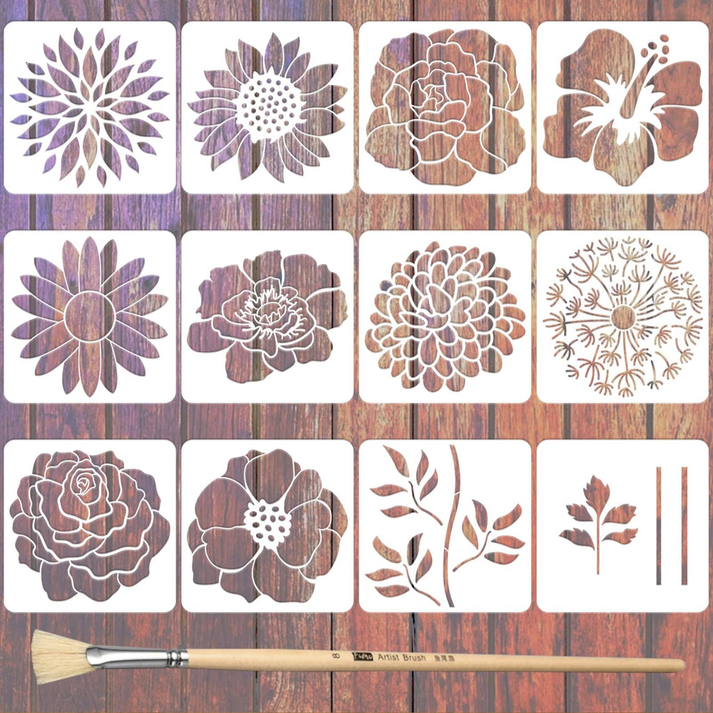 Set of 12 floral and stem stencils displayed on a wooden background, with a paintbrush at the bottom.