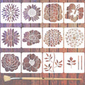 Set of 12 floral and stem stencils displayed on a wooden background, with a paintbrush at the bottom.