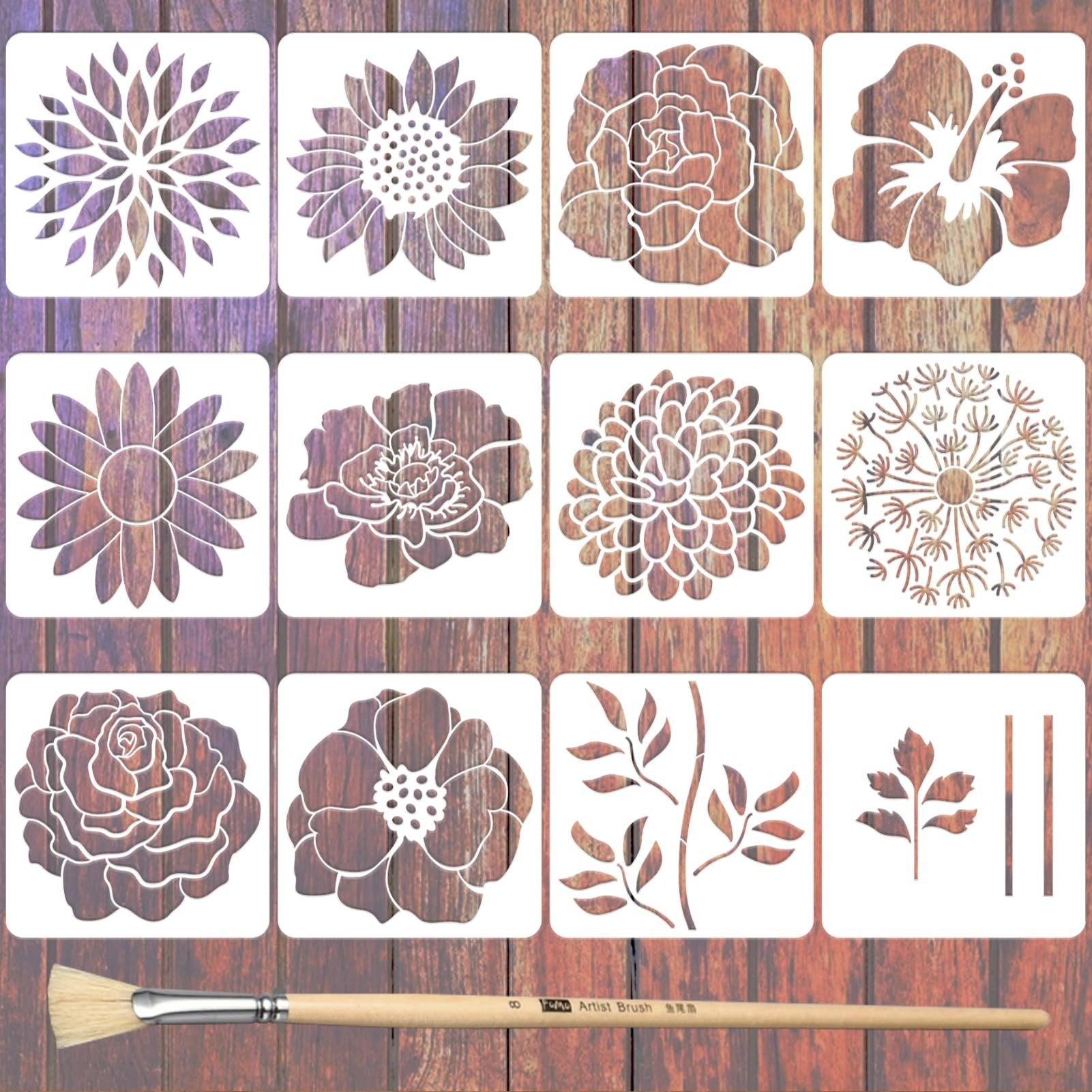 Set of 12 floral and stem stencils displayed on a wooden background, with a paintbrush at the bottom.