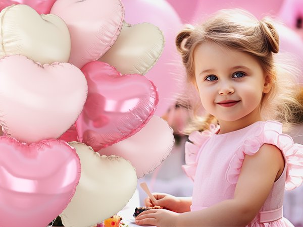 A young girl in a pink dress smiles next to a cluster of pink, light pink, and cream heart-shaped foil balloons.