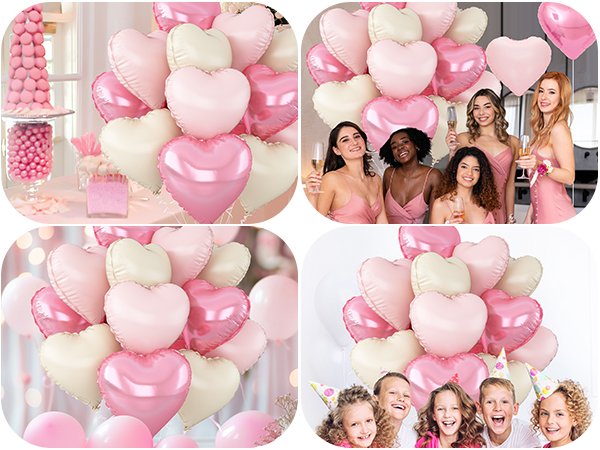 Collage of heart-shaped balloons in pink, light pink, and cream white, with lifestyle images of women and children celebrating.