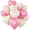 Cluster of 12 heart-shaped foil balloons in pink, light pink, and cream white, with white ribbons.
