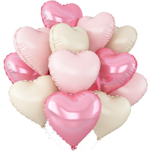 Cluster of 12 heart-shaped foil balloons in pink, light pink, and cream white, with white ribbons.