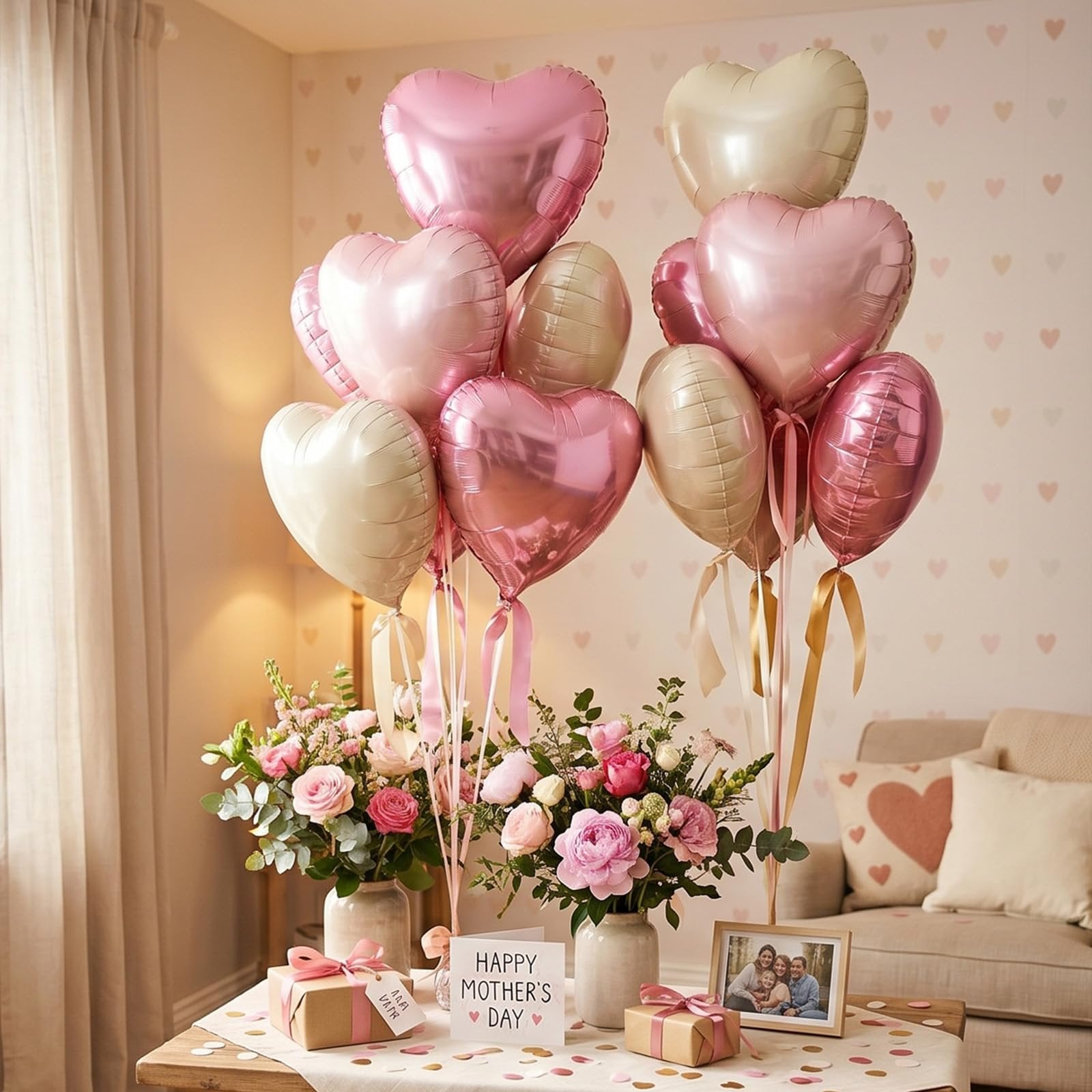 Heart-shaped foil balloons in pink and cream, arranged with floral bouquets and gifts on a table.