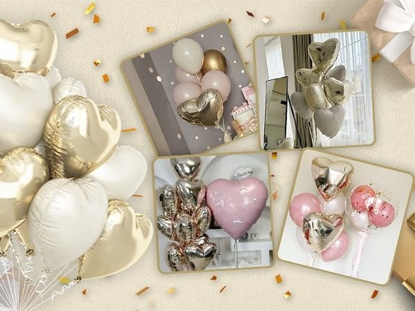 Collage of heart-shaped balloons in champagne gold, cream, and pink, some with confetti.