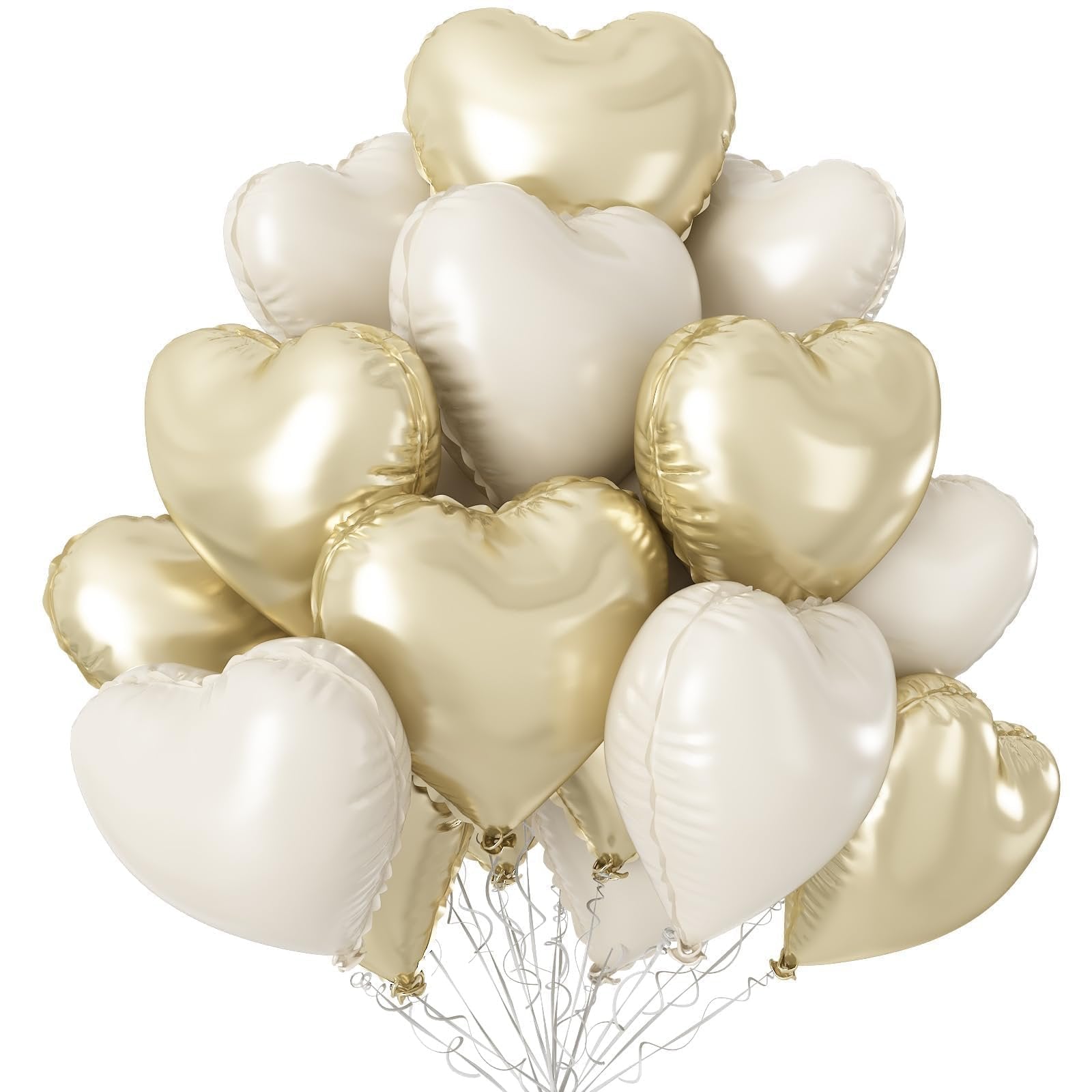 Champagne gold and cream latex heart balloons arranged in a bouquet on a white background.