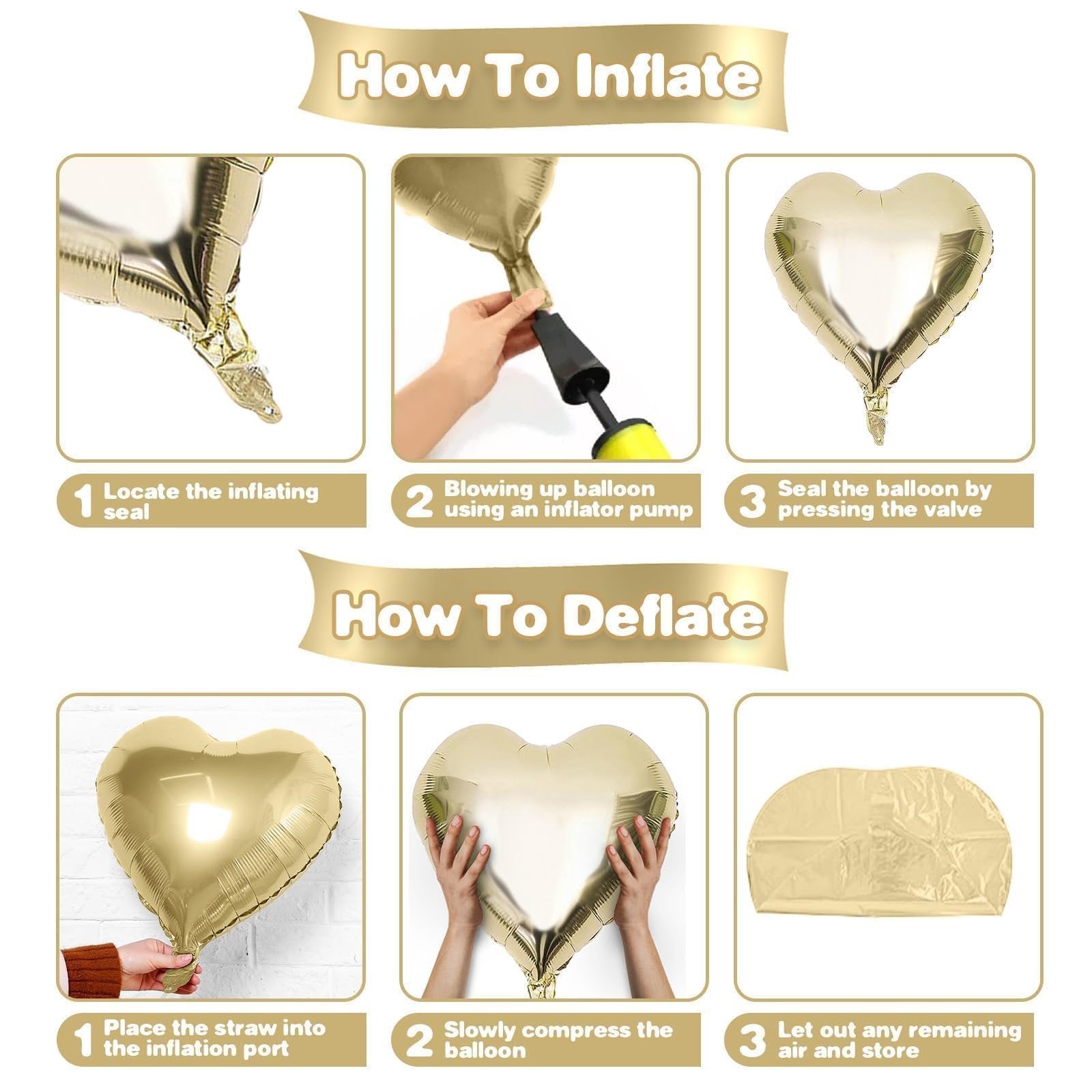 Instructions for inflating and deflating gold heart-shaped balloons with numbered steps and accompanying images.