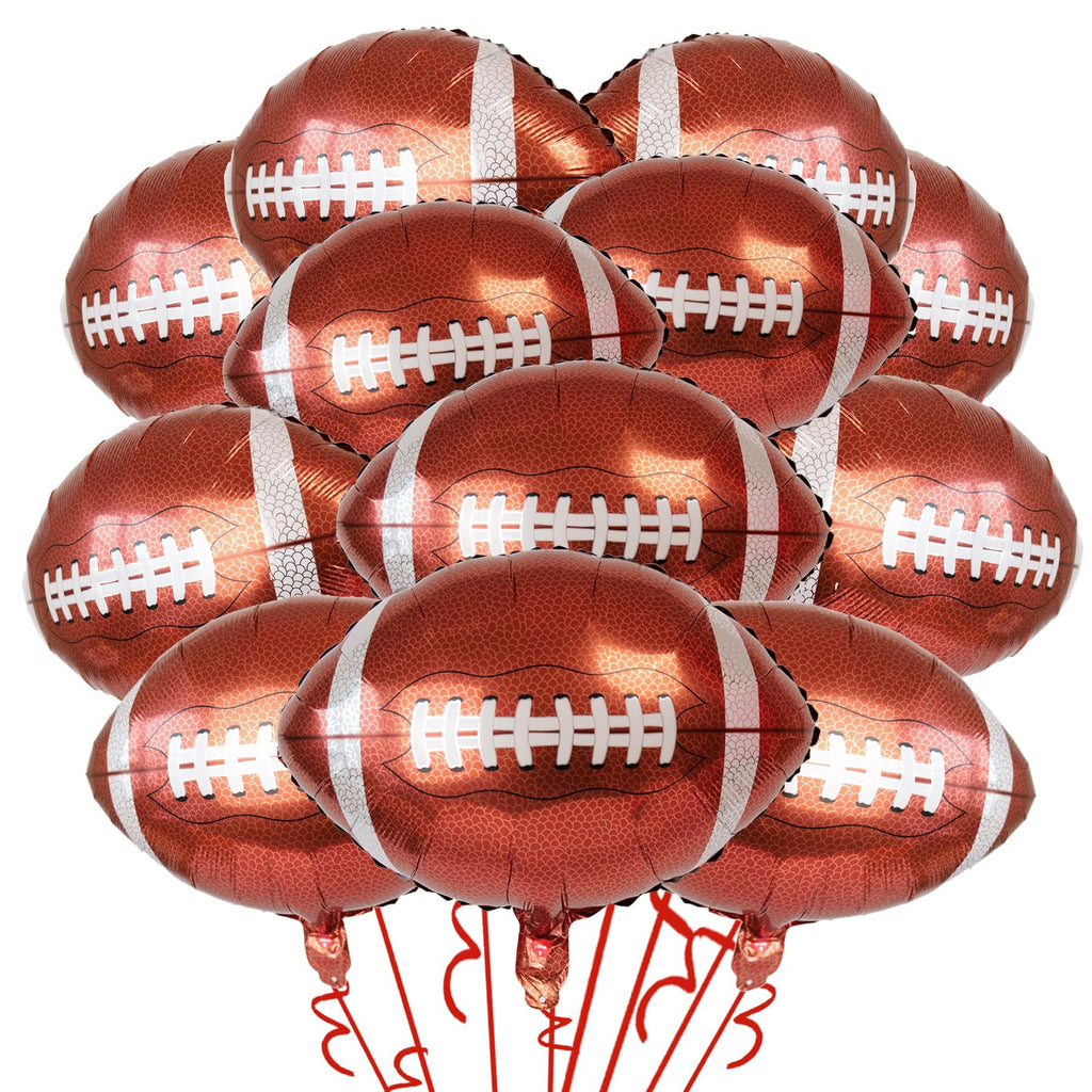 Cluster of 12 football-shaped foil balloons with white laces and stripes, on white background.