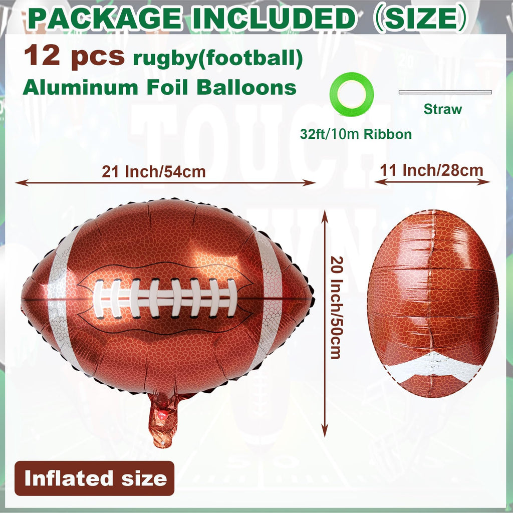 Two football-shaped foil balloons with dimensions and package contents listed.