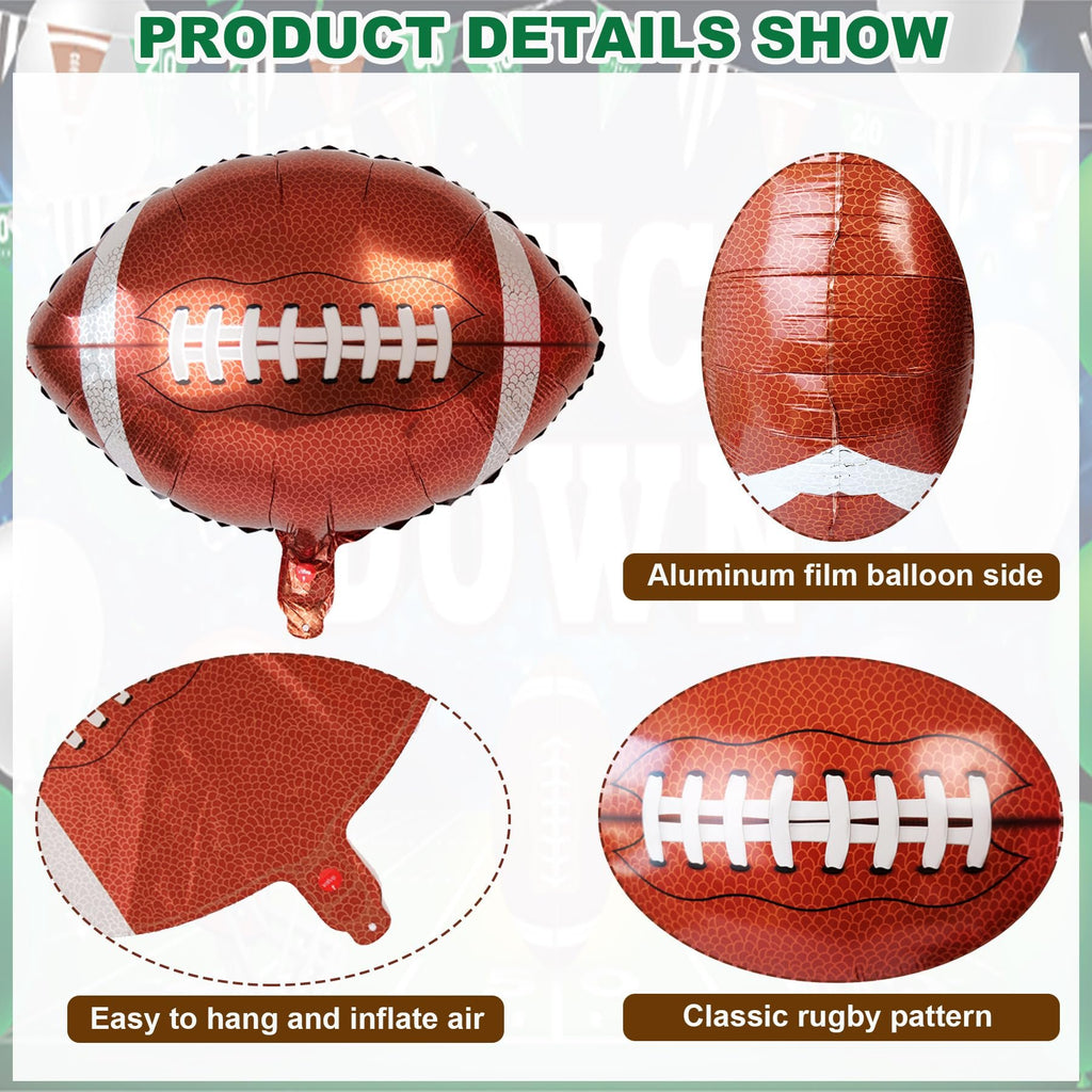 Four views of a football-shaped foil balloon, showing its texture, lacing, and inflation valve.