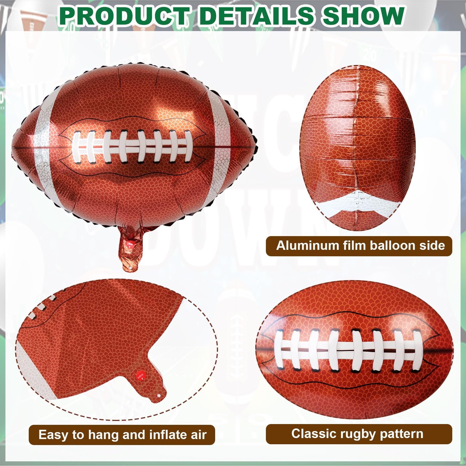 Four views of a football-shaped foil balloon, showing its texture, lacing, and inflation valve.