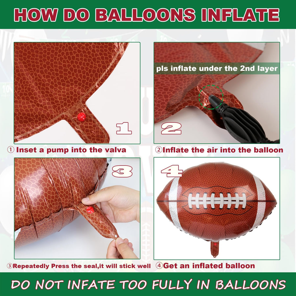 Four-step guide showing how to inflate a football-shaped foil balloon, with text instructions and numbered images.