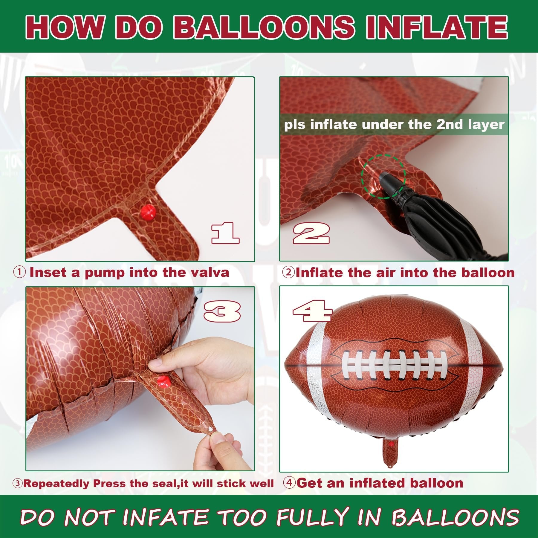 Four-step guide showing how to inflate a football-shaped foil balloon, with text instructions and numbered images.