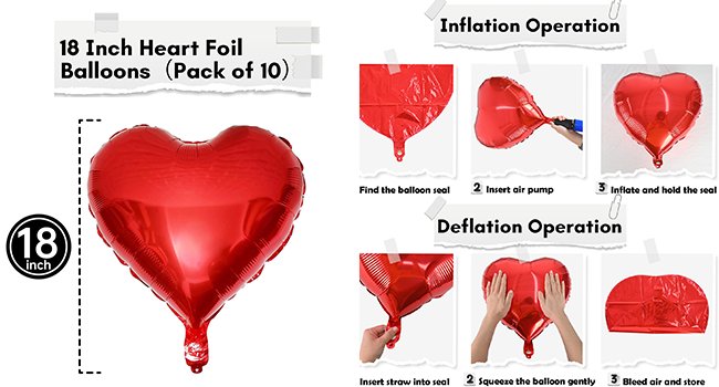 18-inch red heart foil balloon shown with inflation and deflation instructions