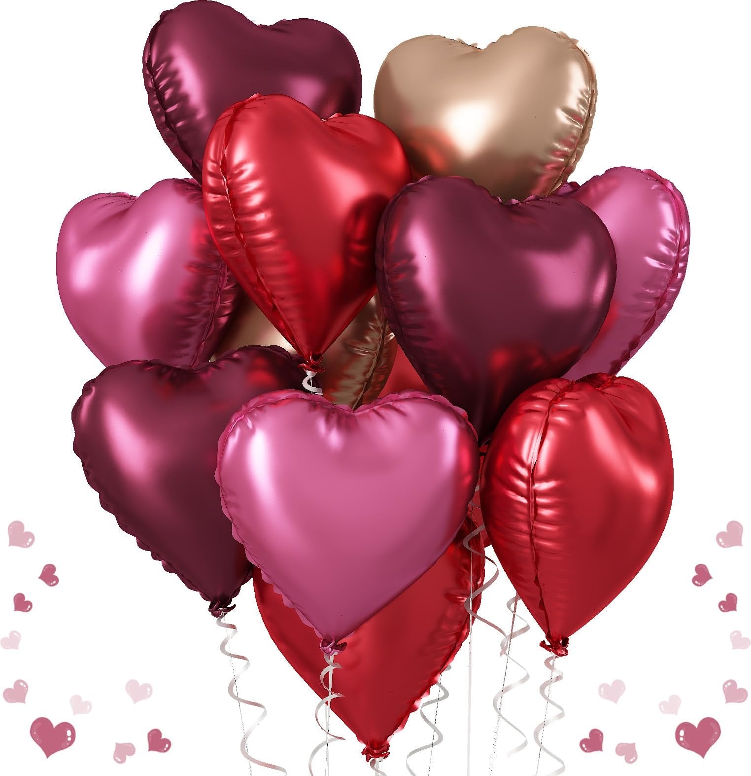 Bunch of 12 heart-shaped foil balloons in various shades of red, pink, and rose gold, with curling ribbons.