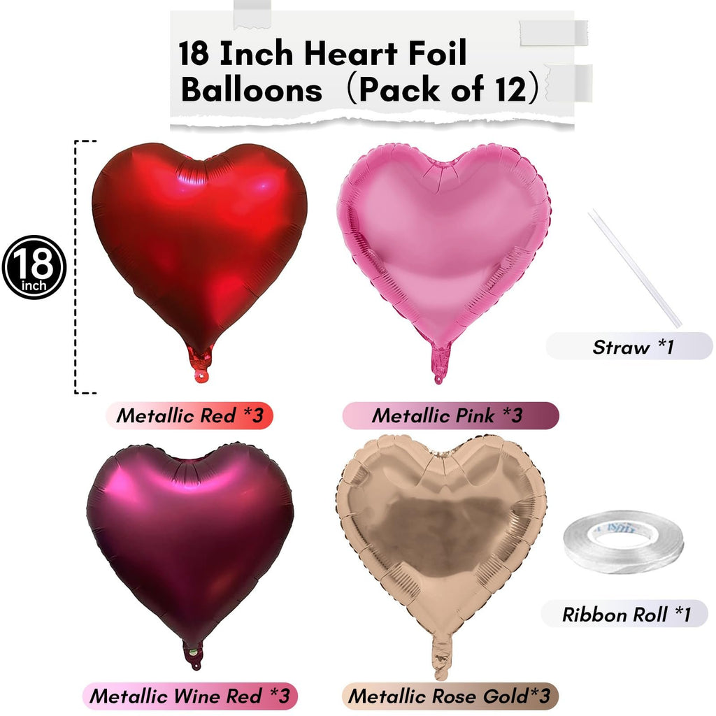 Four 18-inch heart foil balloons in red, pink, wine red, and rose gold, with a straw and ribbon roll.