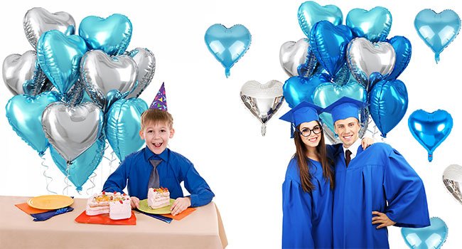Assortment of heart-shaped foil balloons in pink, silver, and blue, with a child at a party and graduates.