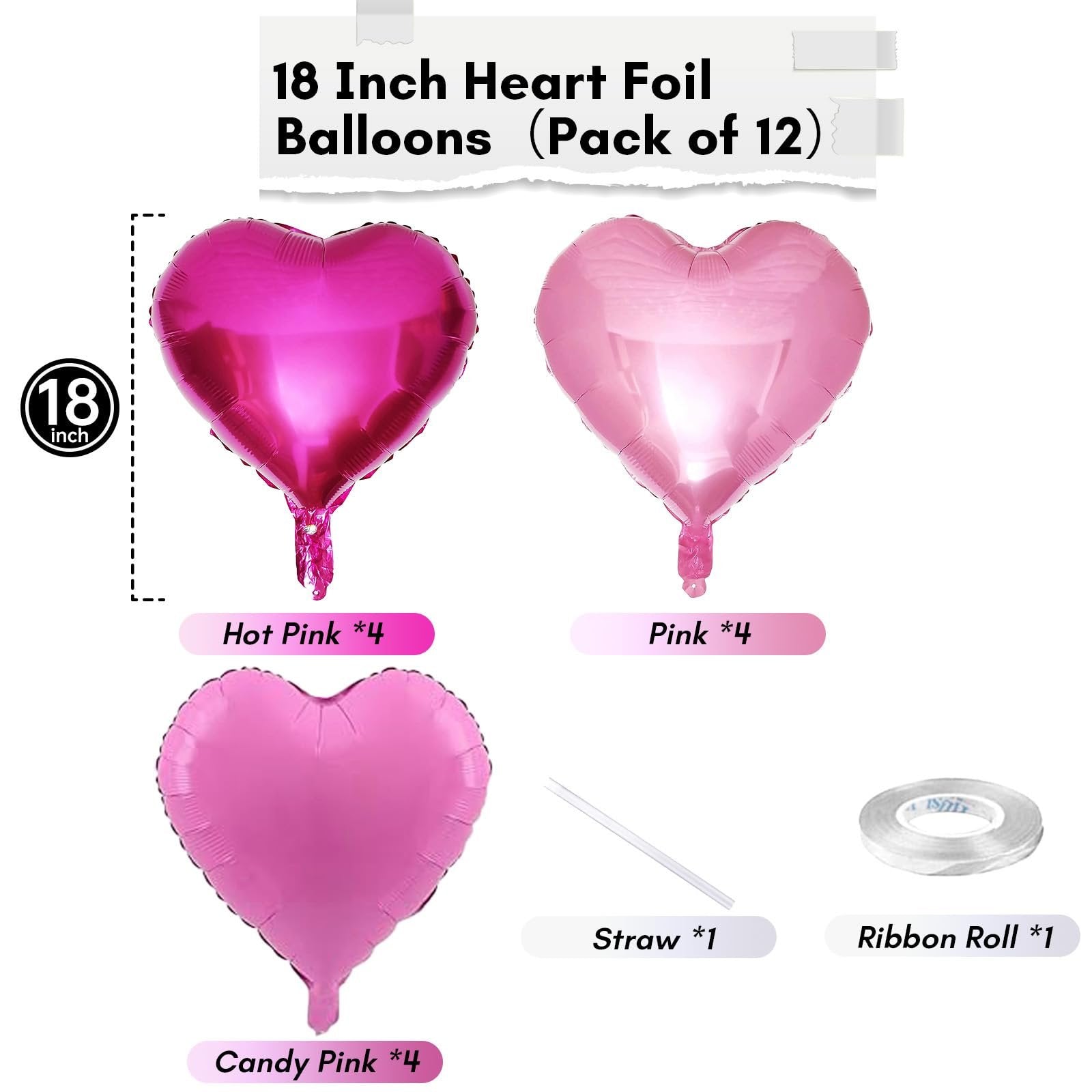 18-inch pink heart foil balloons, pack of 12, including hot pink, pink, and candy pink colors, with straw and ribbon roll.