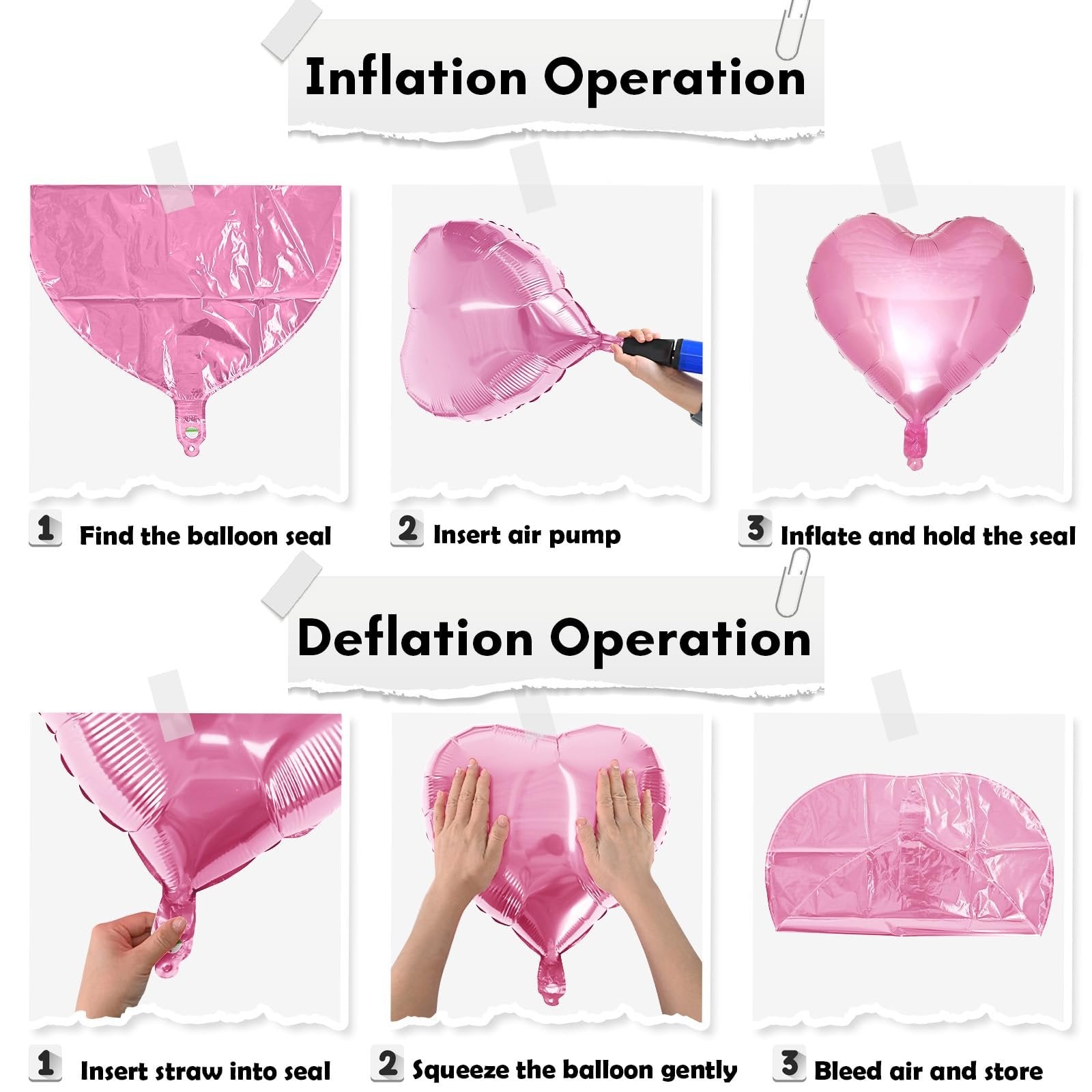 Pink heart-shaped foil balloons shown with inflation and deflation instructions.