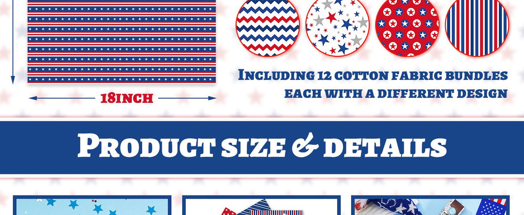 Patriotic fabric bundles with stars and stripes patterns, showing dimensions and details.