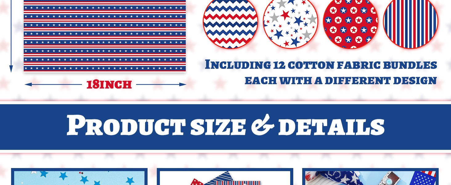 Patriotic fabric bundles with stars and stripes patterns, showing dimensions and details.