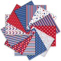 Collection of 12 patriotic fat quarter fabric pieces with star, stripe, firework, and heart patterns in red, white, and blue.