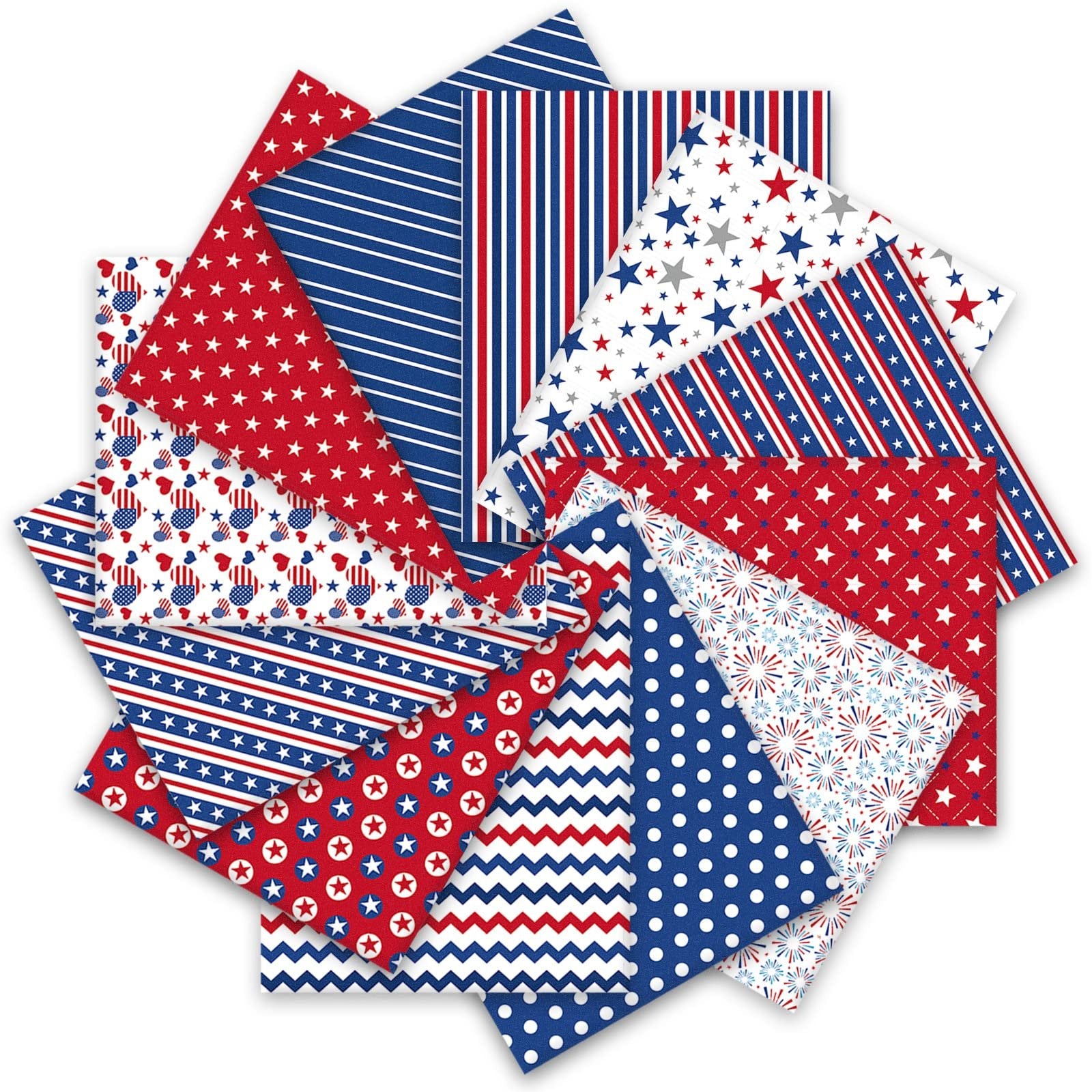 Collection of 12 patriotic fat quarter fabric pieces with star, stripe, firework, and heart patterns in red, white, and blue.