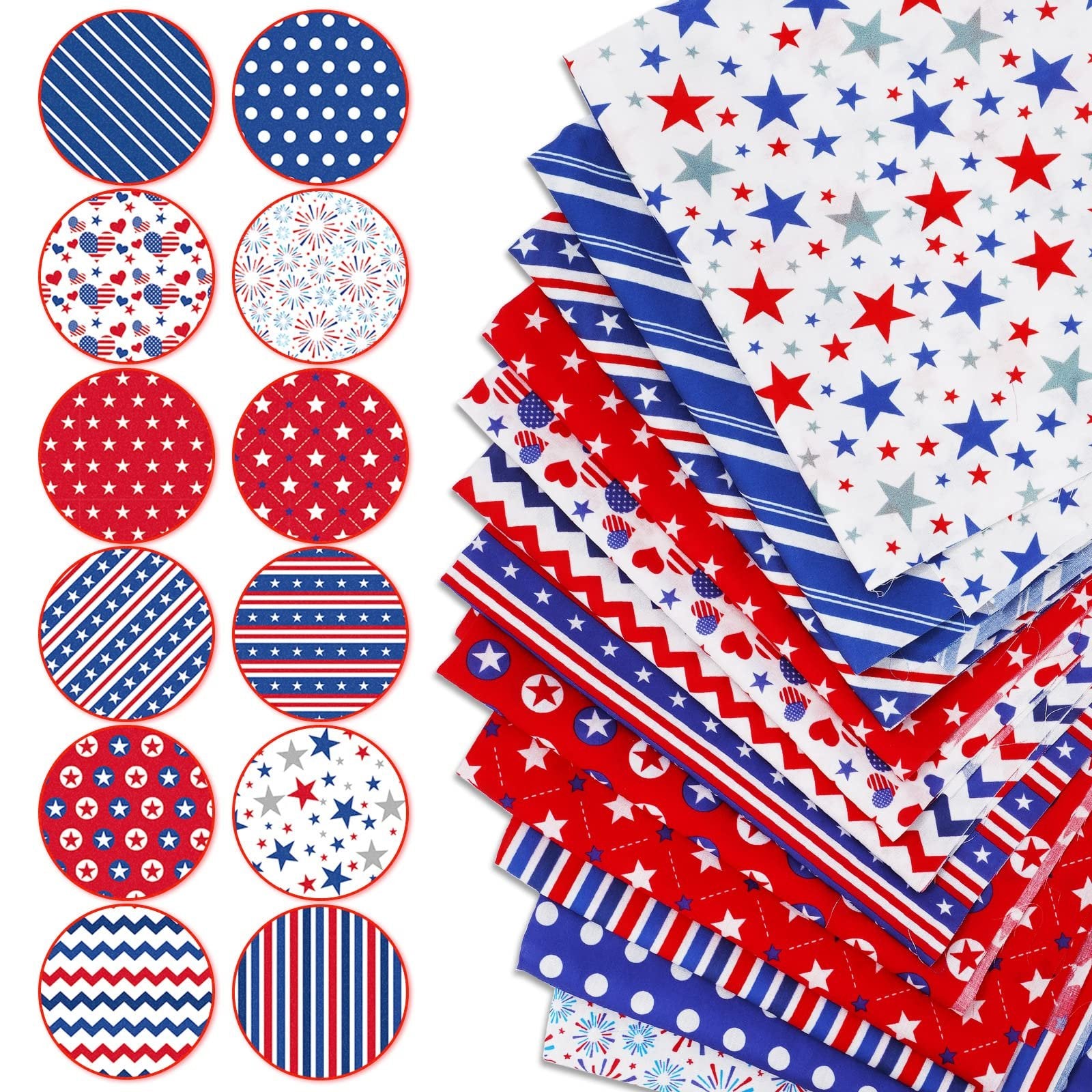 Collection of 12 patriotic fabric fat quarters with red, white, and blue star, stripe, and firework patterns.