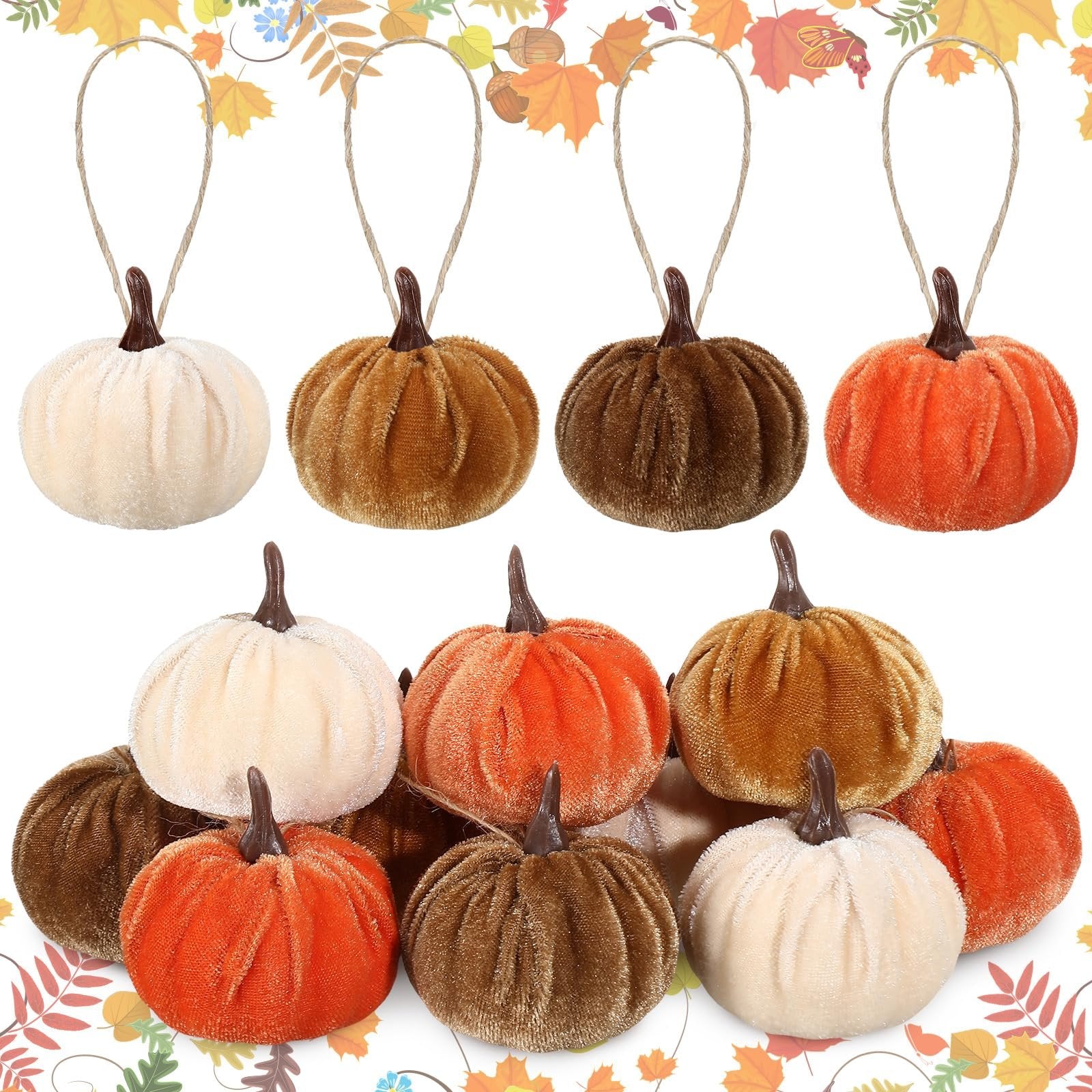 Set of 12 velvet pumpkins in orange, brown, khaki, and cream white, with hanging loops.