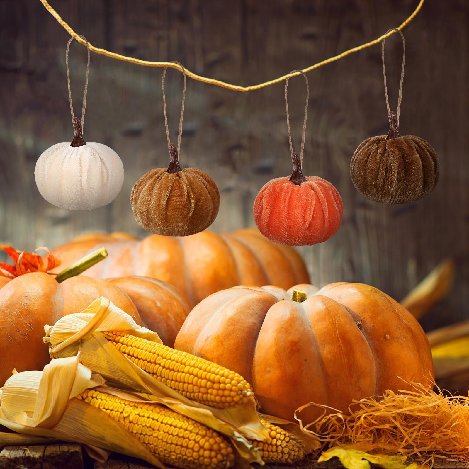 Four velvet pumpkins hanging from a string, with real pumpkins and corn in the foreground.