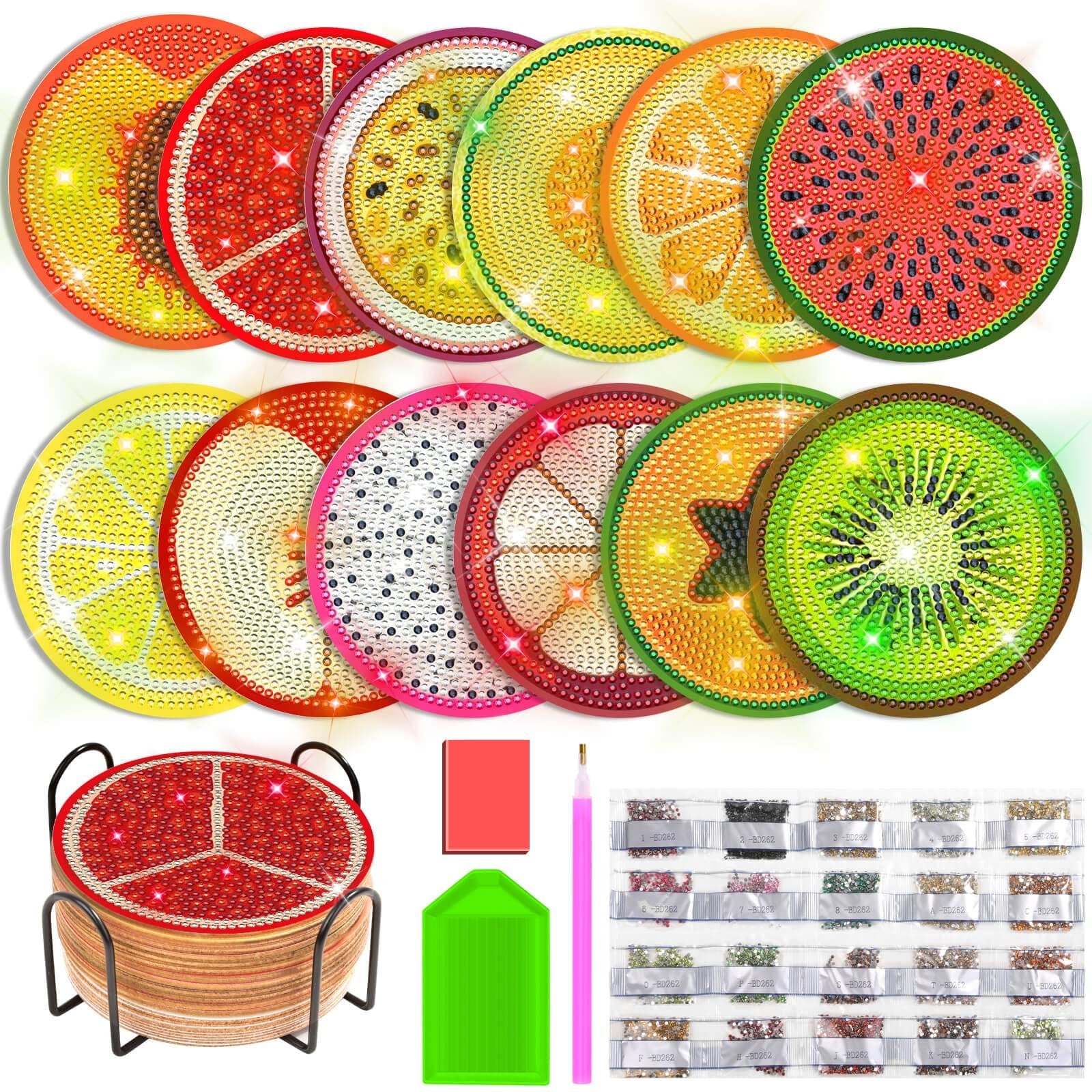 Diamond art coaster kit with fruit designs, holder, tools, and beads. Top view shows 10 coasters, bottom shows holder with one coaster and kit components.