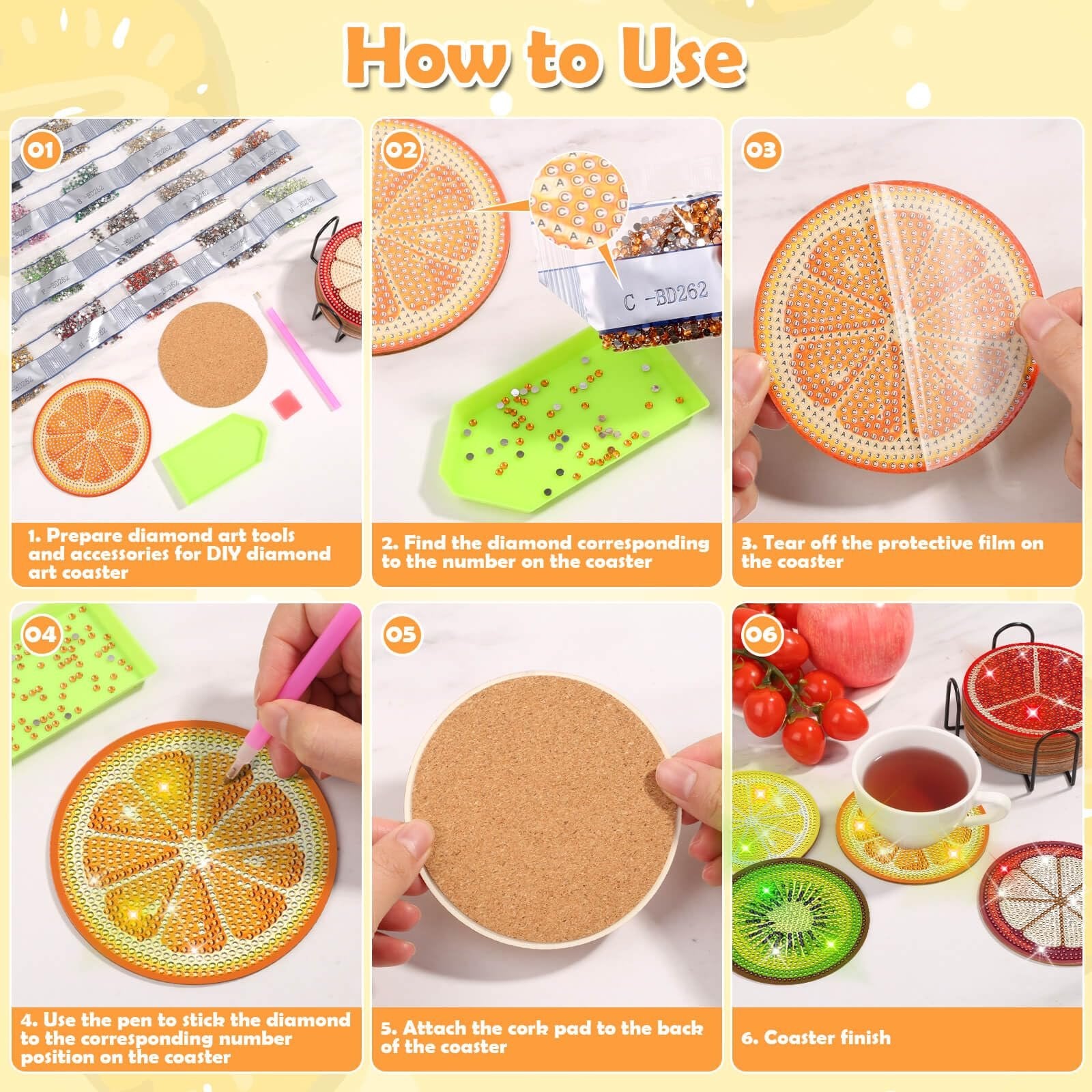 Diamond art coaster kit instructions showing steps from preparing tools to finished coasters with fruit designs.