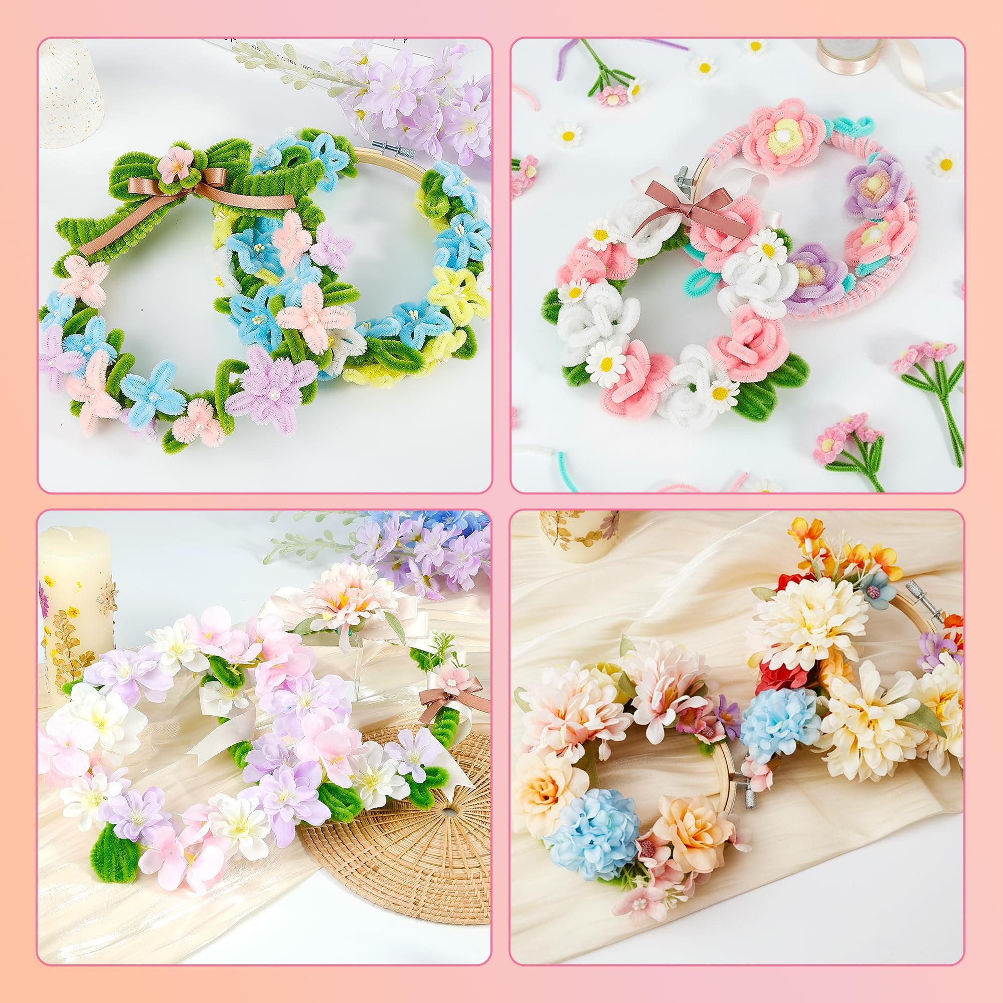 Four decorative floral wreaths made from pipe cleaners and fabric flowers, arranged on a white surface.