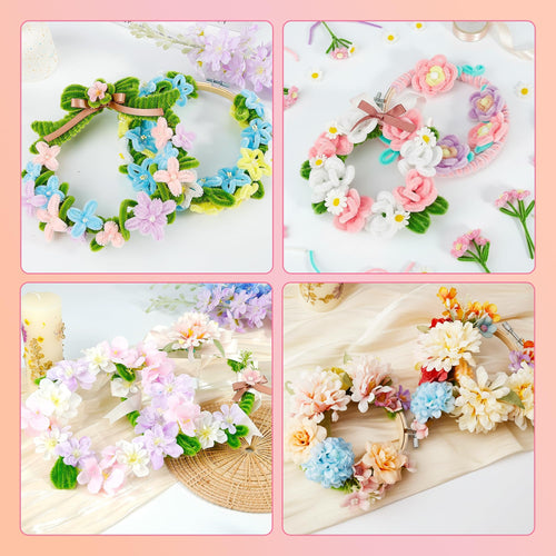 Four decorative floral wreaths made from pipe cleaners and fabric flowers, arranged on a white surface.