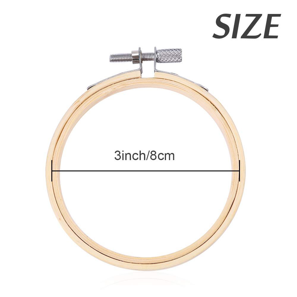 Round wooden embroidery hoop with brass screw, showing 3 inch/8cm diameter measurement.