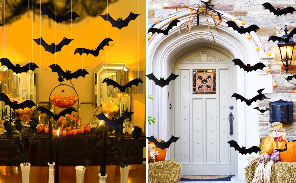 Hanging black bat decorations with glowing eye stickers displayed indoors and outdoors for Halloween